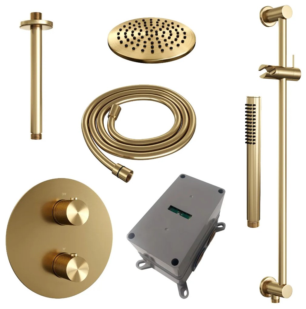 Brauer Gold Carving thermostatische inbouw regendouche met staafhanddouche, plafondarm, glijstang en hoofddouche 20cm set 89 messing geborsteld PVD