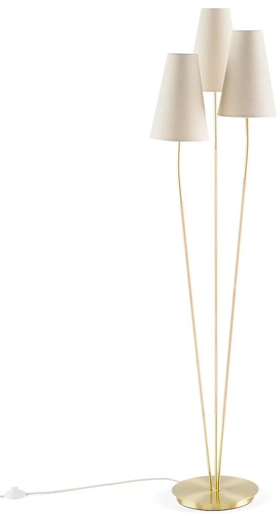 Drievoudige staande lamp in messing, linnen&rotan, Amaya
