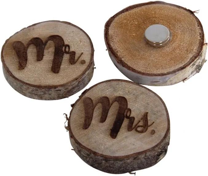 2 houten magneet corsage, Mrs en Mr± 5-6 cm.