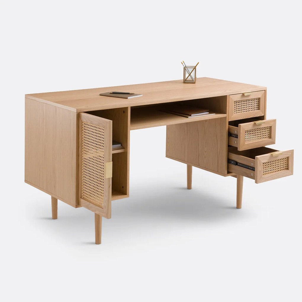 Bureau dubbele blok in gefineerd eiken en rotan, Loris
