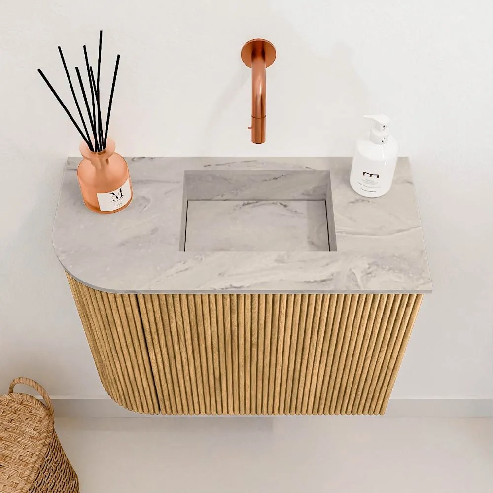 Mondiaz Joya DLux 50cm toiletmeubel ronding links oak met wastafel faye rechts zonder kraangat glace