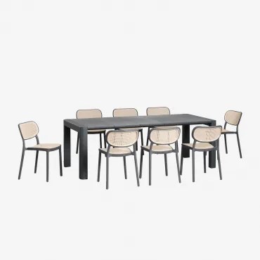 Arnadine Rechthoekige Tafelset (220x100 Cm) En 8 Omara Stapelbare Eetkamerstoelen Grijs – Grafiet - Sklum