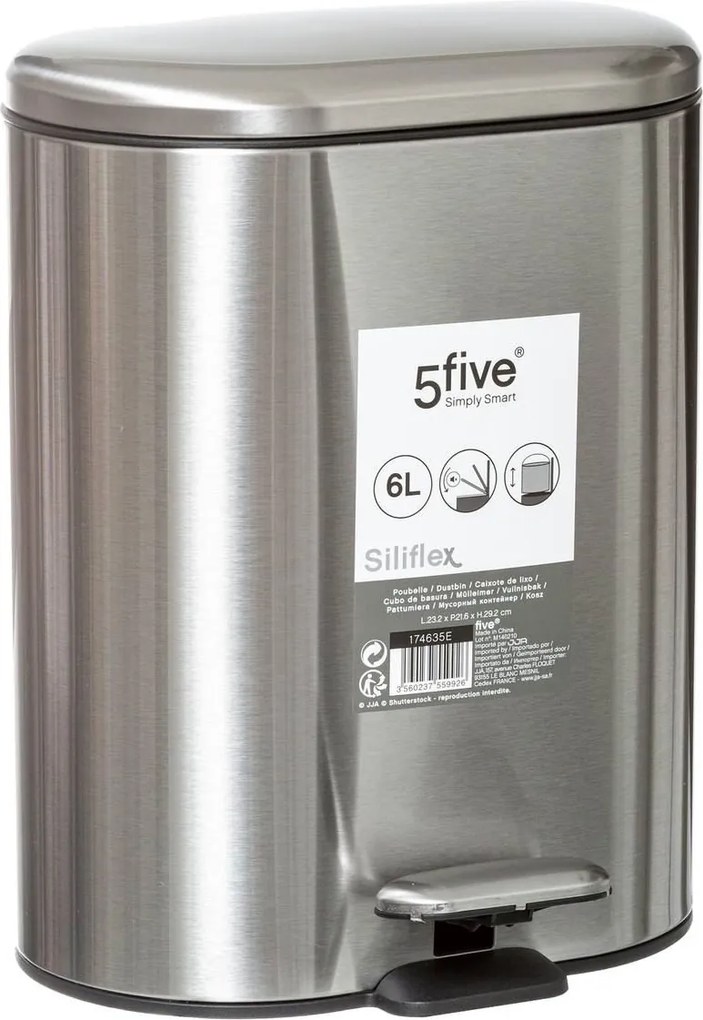 5Five Pedaalemmer Siliflex RVS - Zilver - 6 Liter - Softclose