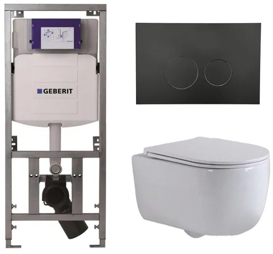 QeramiQ Dely Swirl Toiletset - 36.3x51.7cm - Geberit UP320 inbouwreservoir - met Burda frame - slim zitting - mat zwarte bedieningsplaat - ronde knoppen - wit mat 0701131/SW706188/SW1000766/SW1026257