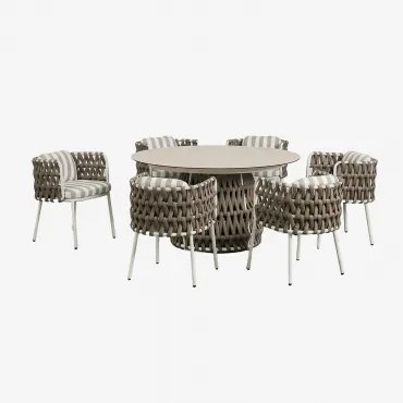 Ronde Tafelset Ø140 Cm In Keramiek En 6 Tuinstoelen Met Armleuningen Van Aluminium En Gevlochten Touw Tevary Gardenia Wit & Stoff Mokka Bruin - Wit Ga