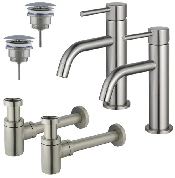 Fortifura Calvi Slim Wastafelkraanset - voor dubbele wastafel - lage wastafelkraan - always open plug - verlaagde design sifon - Geborsteld RVS PVD (RVS) 2x SW377858/2x SW696207/2x SW696217