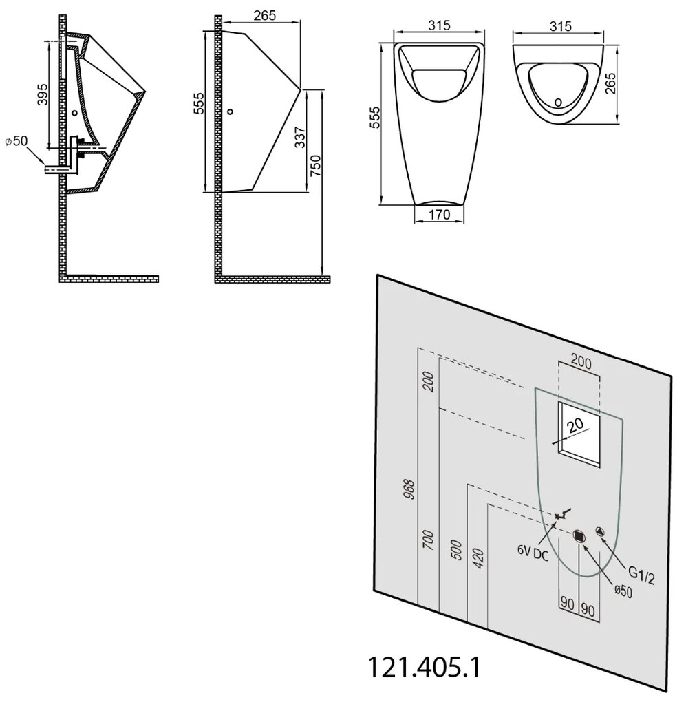 Bruckner Schwarn urinoir met spoeling 31.5x26.5cm zwart mat