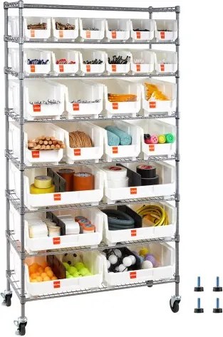 VEVOR vrijstaande opbergkast, opbergrek met 8 planken en 26 stapelbare dozen, boekenplank, keukenrek op wielen, verrijdbaar opbergrek voor garage, magazijn, kantoor, restaurant, klaslokaal, keuken, 355x900x1690 mm