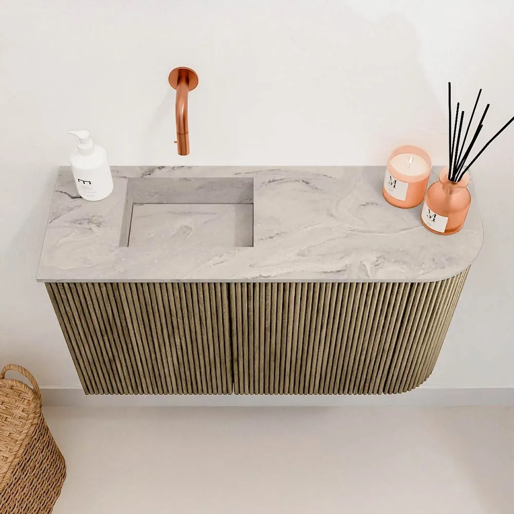 Mondiaz Joya DLux 70cm toiletmeubel ronding rechts dusk met wastafel faye links zonder kraangat glace