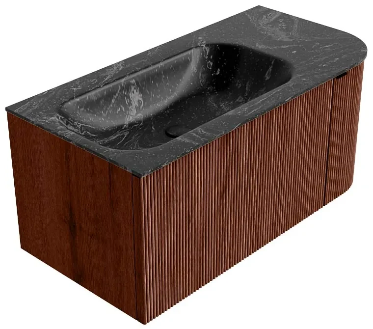 Mondiaz Kurve-dlux 95cm badmeubel ronding rechts ruby met 1 lade en deur en wastafel big small kraangat links lava