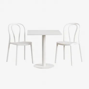 Set Van Vierkante Tafel 70x70 Cm En 2 Tuinstoelen Mizzi Glaciale Wit - Sklum