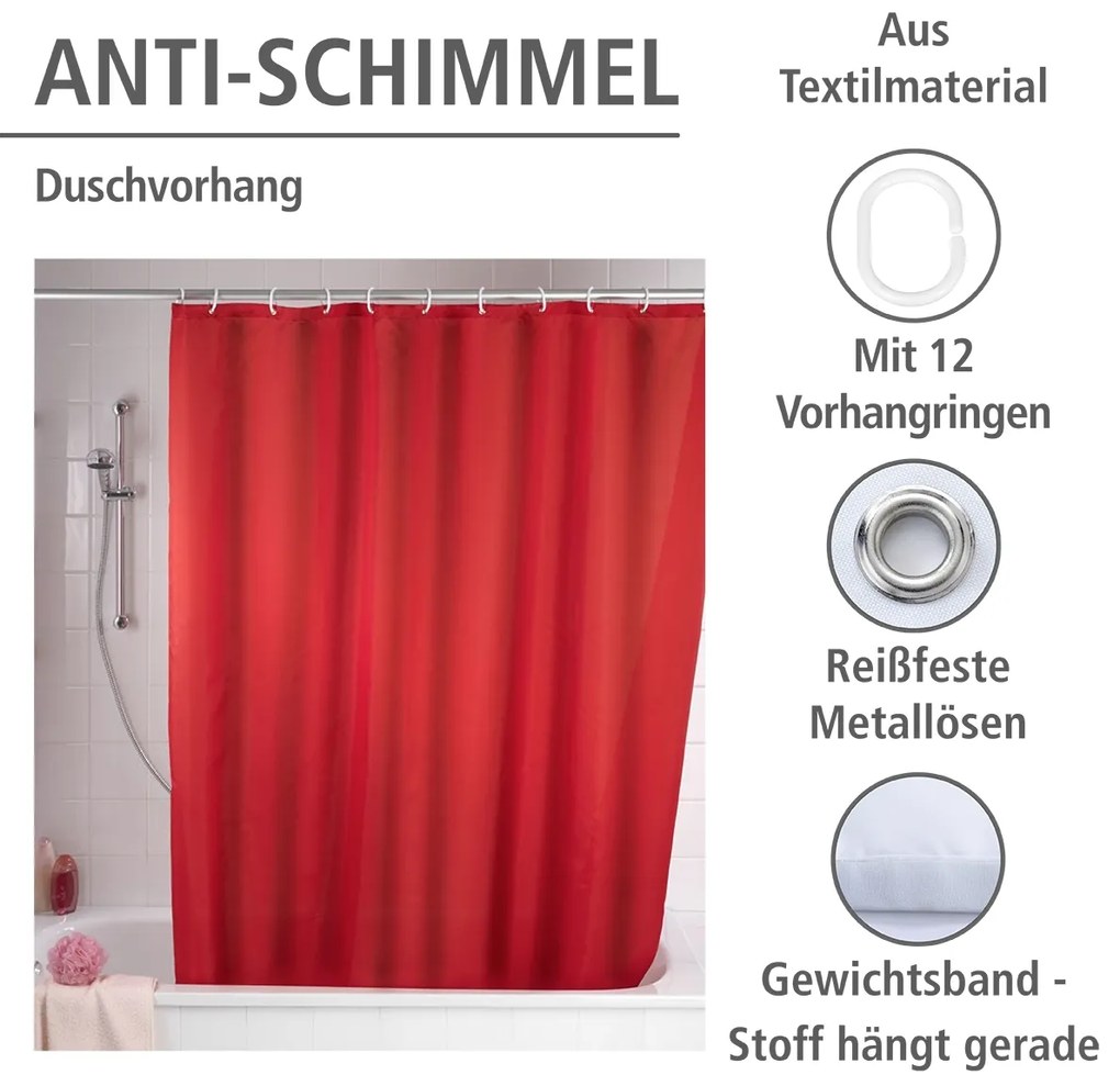 Wenko anti-schimmel douchegordijn 180x200cm polyester uni rood inclusief ringen