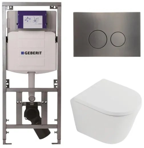 QeramiQ Dely Toiletset - 36.3x51.7cm - diepspoel - rimless - Geberit UP320 inbouwreservoir - softclose toilet zitting 35 mm - gunmetal bedieningsplaat - ronde knoppen - mat wit SW1026254/SW1000767/0701131/SW706198