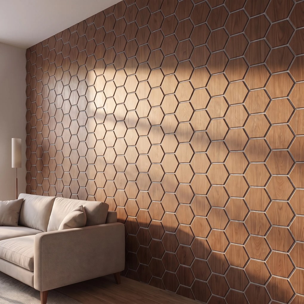 Hexagon Panel Walnoot met Grijs Vilt 81CM | Akoestisch | Wanddecor | Zeshoekig- Grijs vilt