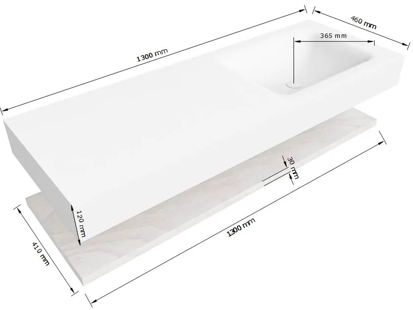 Zaro Alan badmeubel 130cm met planchet washed oak en vrijhangende wastafel cloud rechts 1 kraangat urban