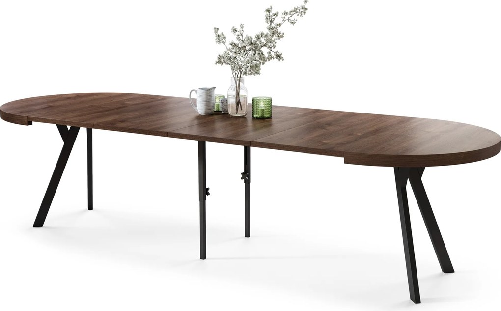 EXPANSO Bruine eik/zwarte poten - GROTE RONDE TAFEL Ø110 UITBREIDBAAR TOT 310 cm met Y-POTEN LOFT/INDUSTRIAL