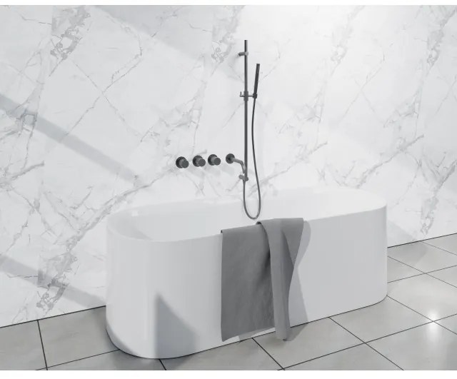 Fortifura Nebbio Badcombinatie-set - thermostaatkraan - glijstang met geïntegreerde wandaansluitbocht - metalen doucheslang - staaf handdouche - uitloop - geborsteld gunmetal PVD SW1183068 SW1111532 SW706207 SW766537 SW1183076 SW