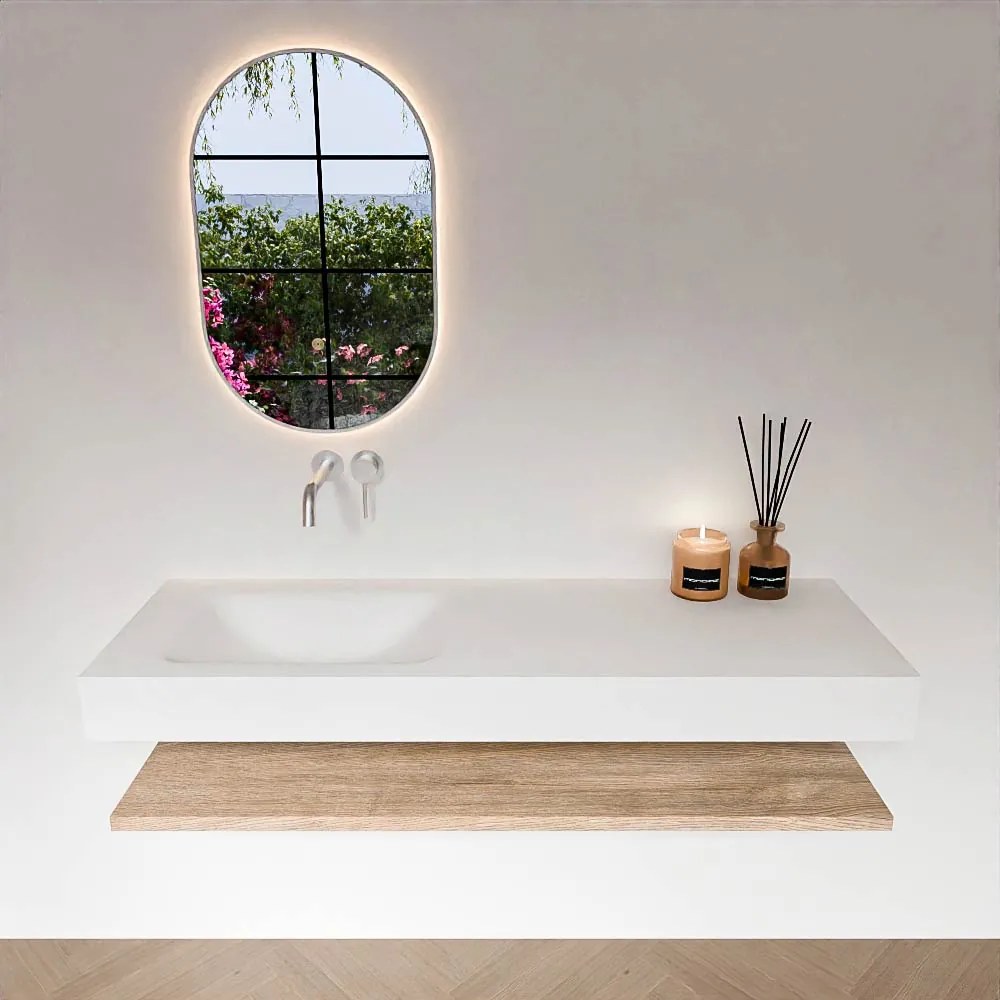 Zaro Alan badmeubel 140cm met planchet washed oak en vrijhangende wastafel cloud links zonder kraangat talc