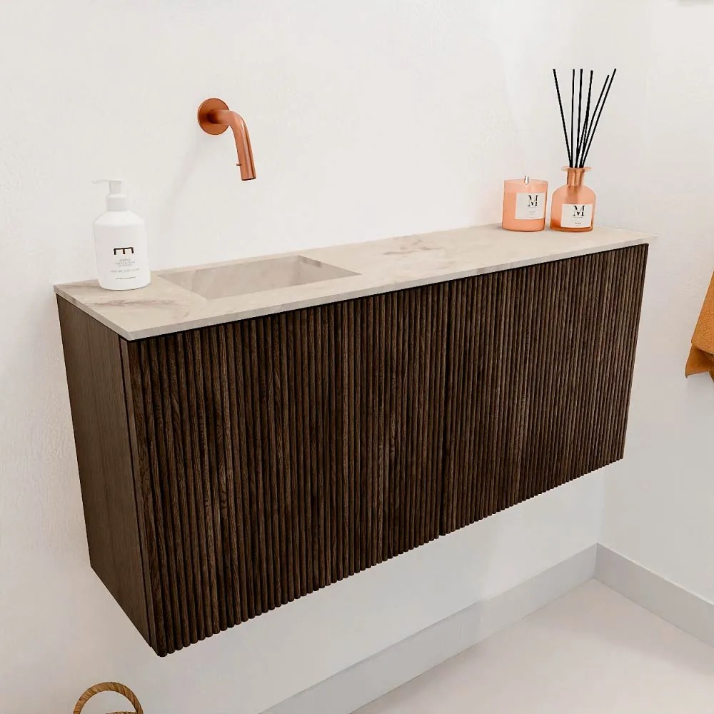 Mondiaz Joya DLux 90cm toiletmeubel walnut met wastafel faye links zonder kraangat frappe