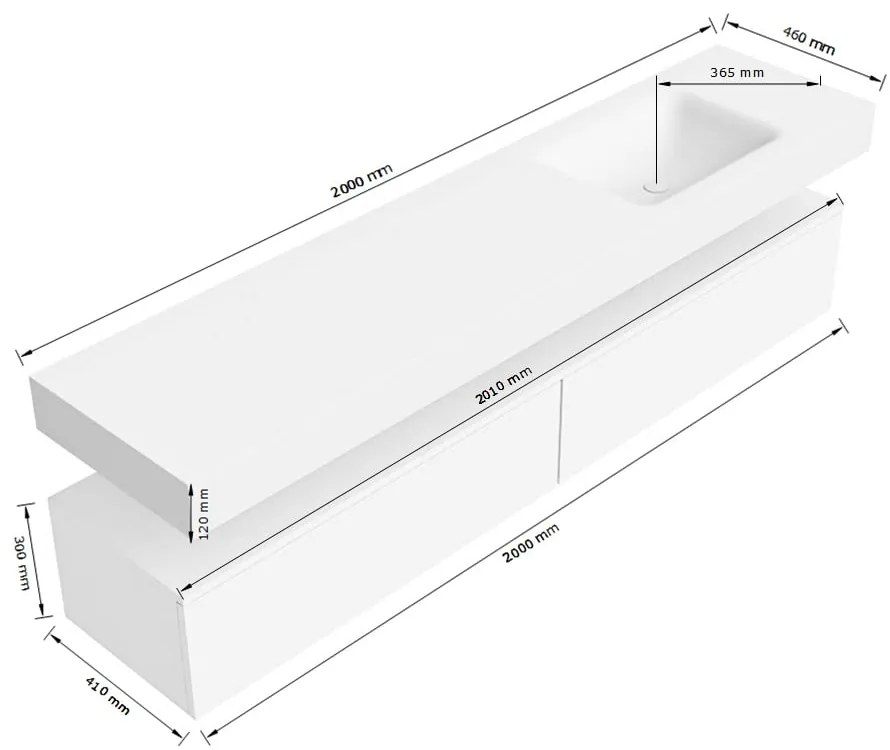 Zaro Alan badmeubel 200cm sand met 2 lades en vrijhangende wastafel rechts met kraangat wit mat