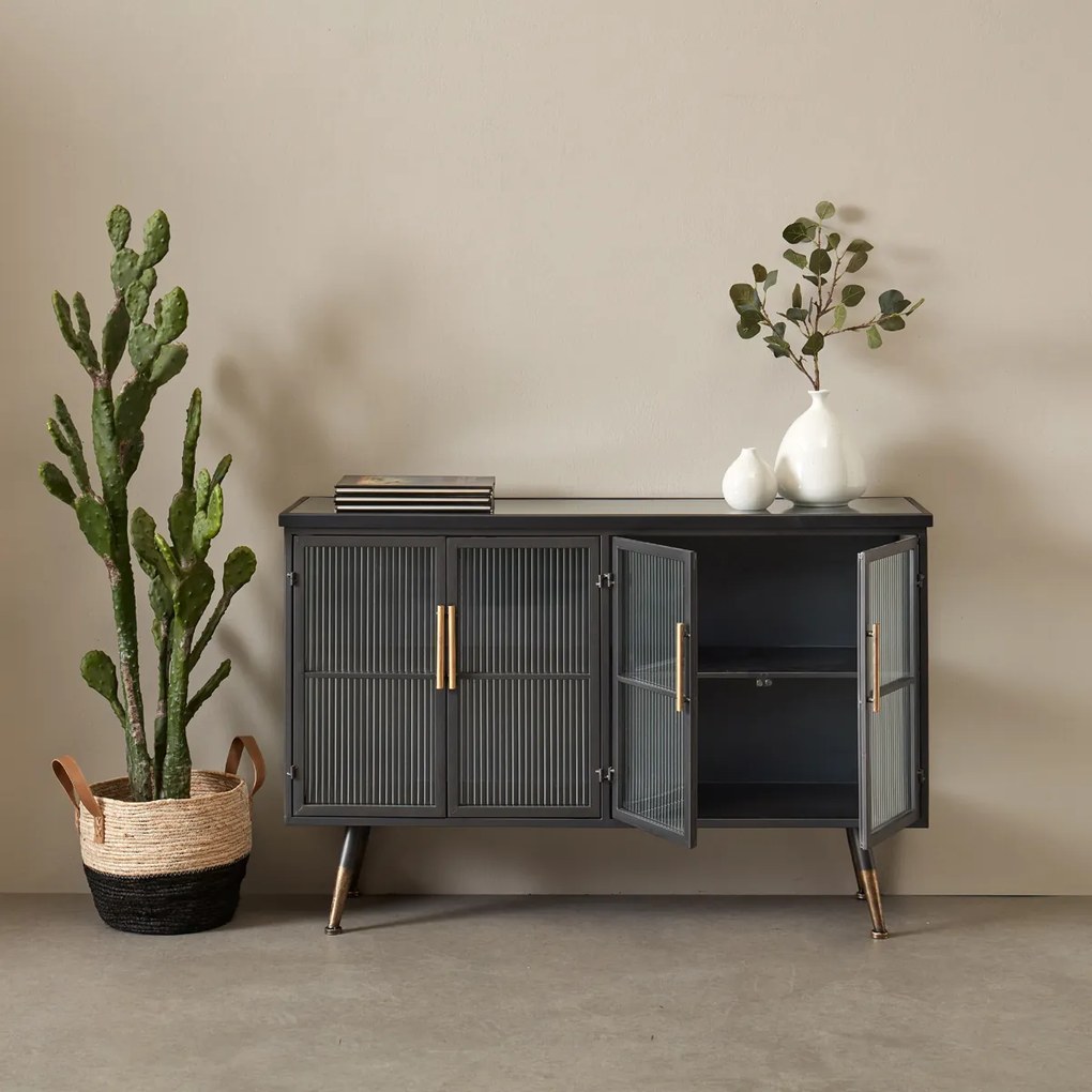 Dressoir Zwart Met Ribbelglas - 120x35x75cm.