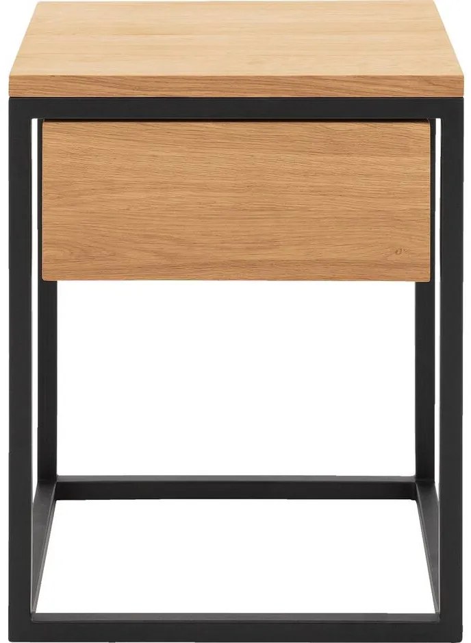 Goossens Nachtkastje Ord, Metaal ral 9005 zwart, met lade en bovenblad massief eik, 40 x 35 x 57 cm hoog