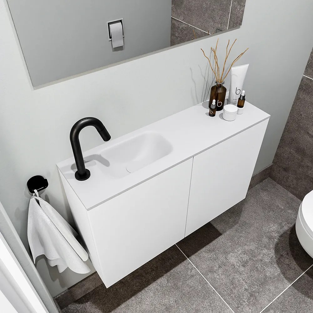 Zaro Polly toiletmeubel 80cm mat wit met witte wastafel met kraangat links