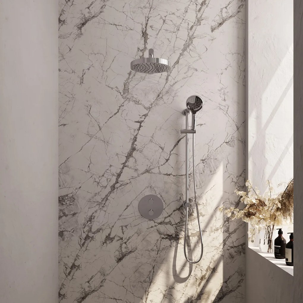 Brauer Stripe inbouw regendouche rond met 25cm hoofddouche, rond met rechte muurarm, glijstang en 3 standen handdouche set 46 chroom