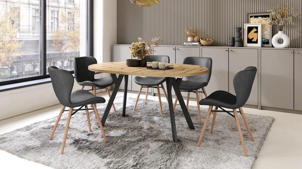 ALMO 100 Eiken Artisan/Zwarte poten - RONDE LOFT/INDUSTRIËLE TAFEL VOOR WOONKAMER/EETKAMER, UITSCHUIFBAAR