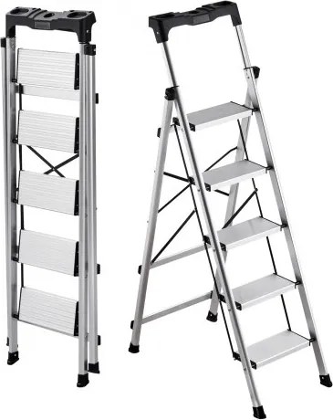 VEVOR 5-treden opvouwbare ladder met antislip treden en comfortabele handgreep, huishoudladder met een draagvermogen van 150 kg, aluminium veiligheidsladder voor keuken, magazijn, huis en kantoor, zilverkleurig