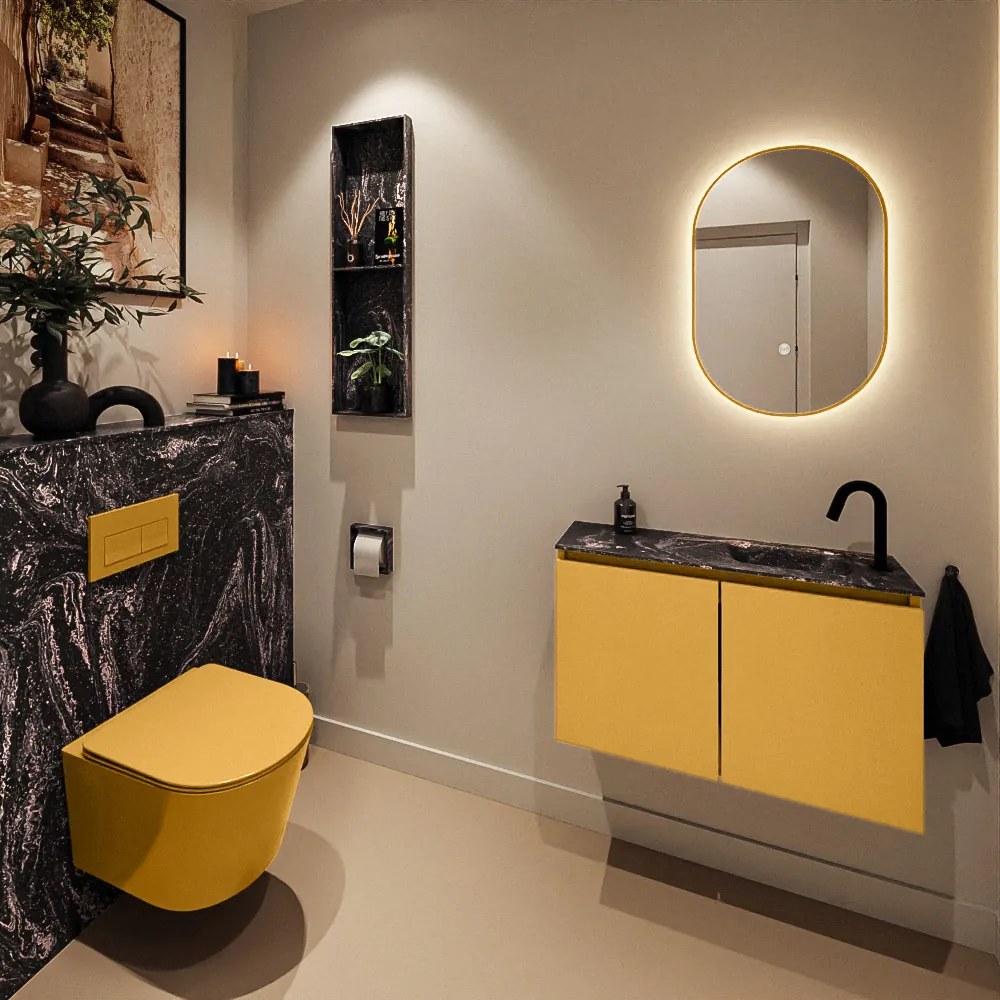 Mondiaz Ture DLux toiletmeubel 80cm ocher met wastafel lava rechts met kraangat