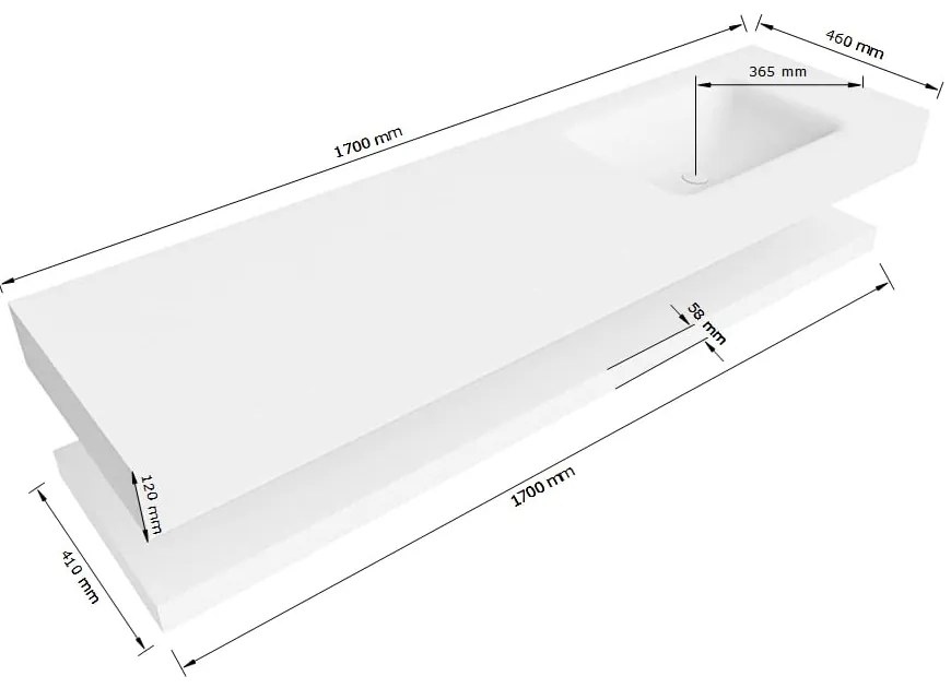 Zaro Alan badmeubel 170cm met planchet talc en vrijhangende wastafel cloud rechts 1 kraangat talc