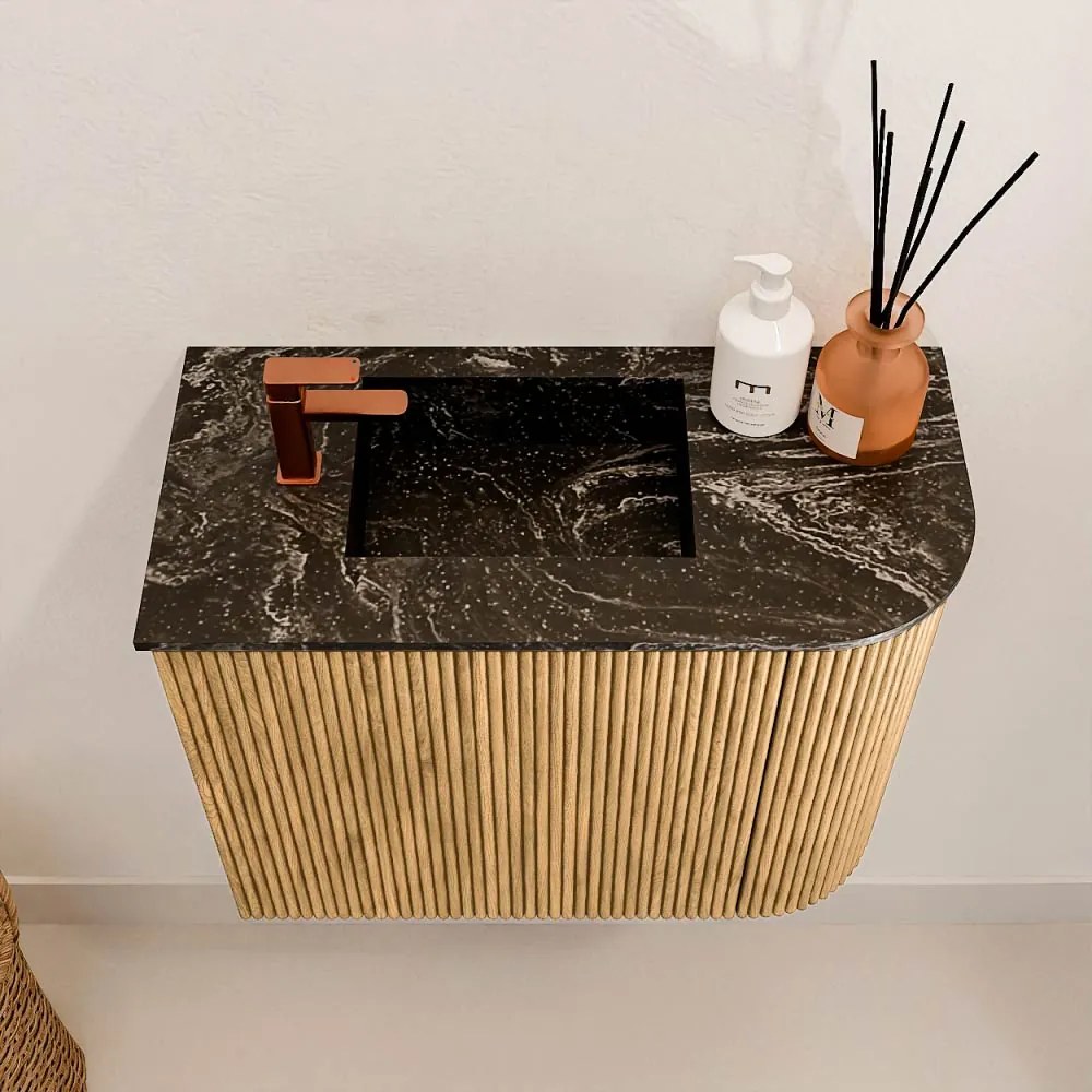 Mondiaz Joya DLux 50cm toiletmeubel ronding rechts oak met wastafel faye links 1 kraangat lava