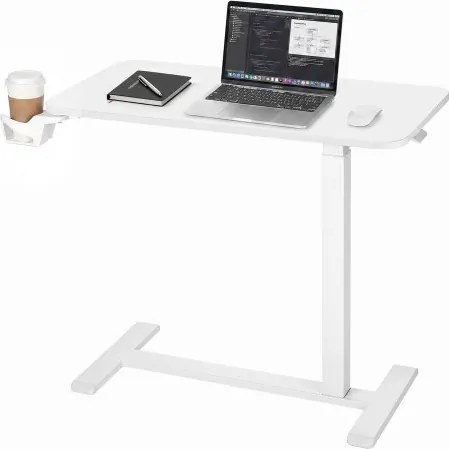 VEVOR bijzettafel met wielen 800x400 mm, banktafel, nachtkastje, staand bureau, wit, voor thuis, kantoor en werkplek, in hoogte verstelbaar van 680 tot 1080 mm, bijzettafel met bekerhouder en hydraulisch bedieningssysteem.