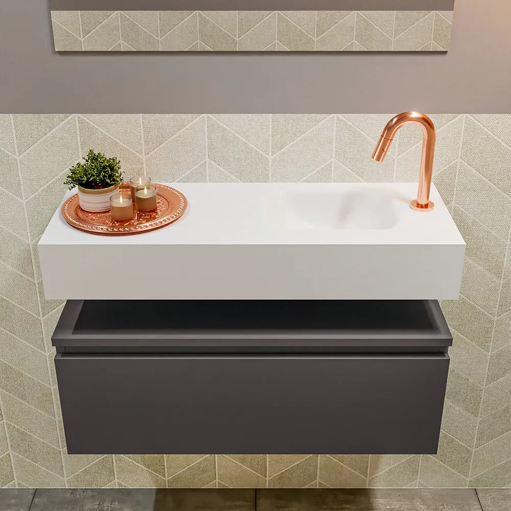 Mondiaz Andor toiletmeubel 80cm donkergrijs met witte wastafel rechts met kraangat
