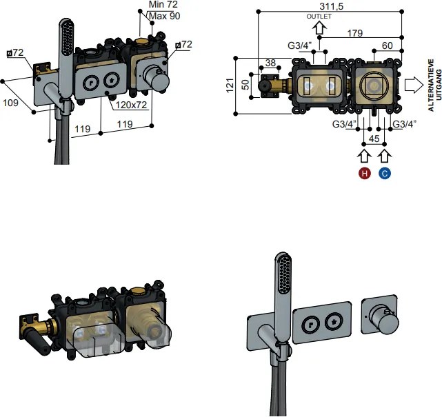 Hotbath Gal PB7071 afbouwdeel thermostaat met 2 pushbuttons messing geborsteld PVD
