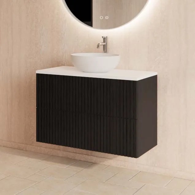 Gliss Design Hybris badkamermeubel met ribbelfront en mat wit toppaneel 80cm black veneer