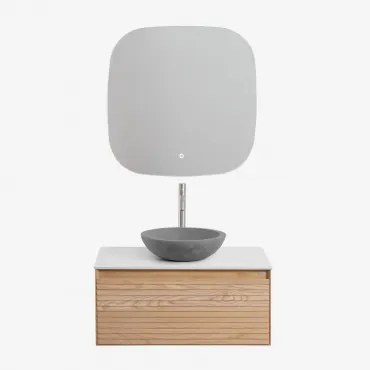 Tedrik Badkamermeubelset In Essenhout Ash Brown & Rond Grijs Cement Ø40 Cm Tarsis & Vierkant Led En Anticondens 75x75 Cm Tobie & - Sklum