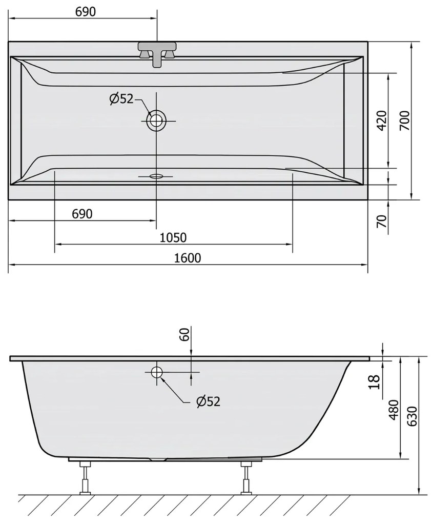 Polysan Cleo Slim ligbad 160x70x48cm wit