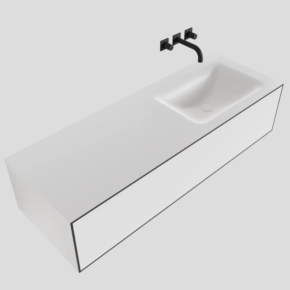 Zaro Lagom volledig naadloos solid surface onderkast 130cm mat zwart met 1 lade Push tot open. Compleet met solid surface wastafel met 0 kraangat(en)