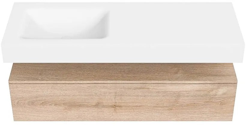 Zaro Alan badmeubel 130cm washed oak 1 lade met vrijhangende wastafel cloud links zonder kraangat talc