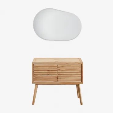 Badkamermeubelset 90x45 Cm In Hout Deleyna Natuurlijk Hout & Zonder Wastafel & Ovaal Led En Anticondens 100x80 Cm Riben & Zonder Kraan - Sklum