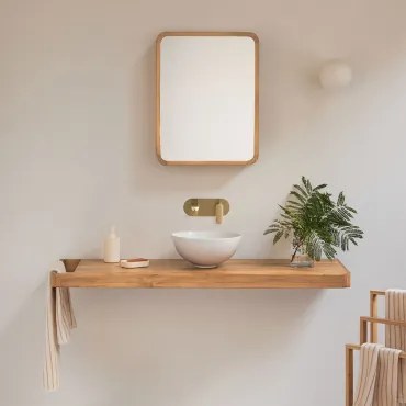 Conjunto Van Meubel 130x45 Cm Hangend In Teakhout Neill Teakhout & Geborsteld Goud Inbouw Met Aftapkraan Zonder Overloop Alameda & Rond Wit Keramiek Ø