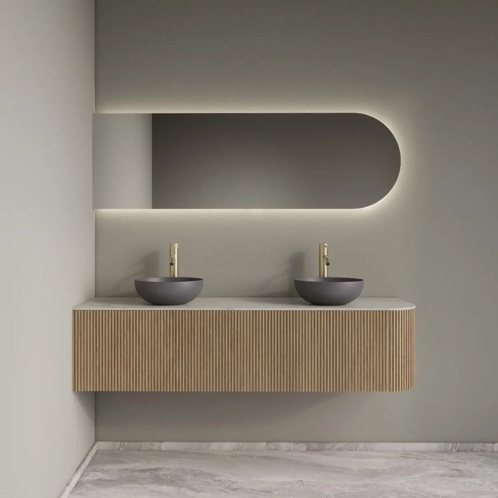 Gliss Design Alluro badmeubel ribbelfront met ronding rechts 160cm mist en wit marmer toppaneel