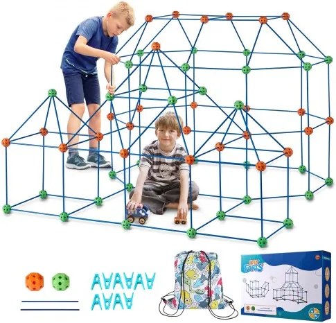 VEVOR Fortress-bouwpakket voor kinderen, STEM-bouwpakket met 180 onderdelen, leerzaam cadeau voor jongens en meisjes van 4, 5, 6, 7 en 8 jaar oud, speeltentbouwpakket voor binnen en buiten, bouwpakket met 120 stokjes en 60 ballen