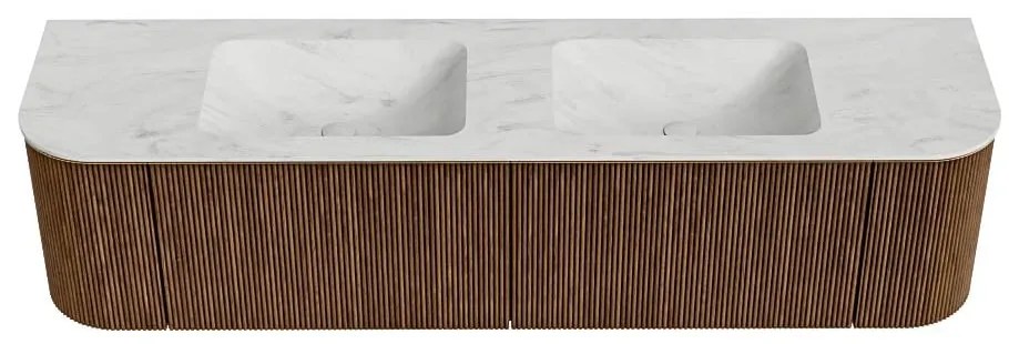 Mondiaz Kurve-dlux 180cm badmeubel ronding links/rechts walnut met 2 lades en deuren en wastafel leaf dubbel 2 kraangaten opalo
