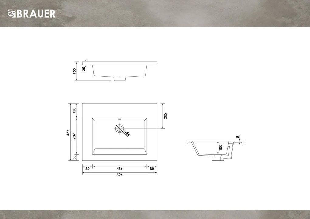 Brauer Solar Slim wastafel mineraalmarmer 60cm zonder kraangat wit glans