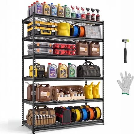 VEVOR 6-laags draadgaasstelling, 1400x612x1958mm, draagvermogen 1633kg, gaasstelling voor magazijn, garage, werkplaats, thuis, stalen constructie, in hoogte verstelbare schappen, draadgaaspanelen, zwart