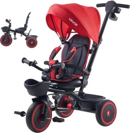 VEVOR driewieler voor kinderen van 1 tot 5 jaar, loopfiets met duwstang, opklapbare zonnekap, verstelbare zitting en opbergmand, kinderdriewieler als cadeau voor jongens en meisjes, rood+zwart