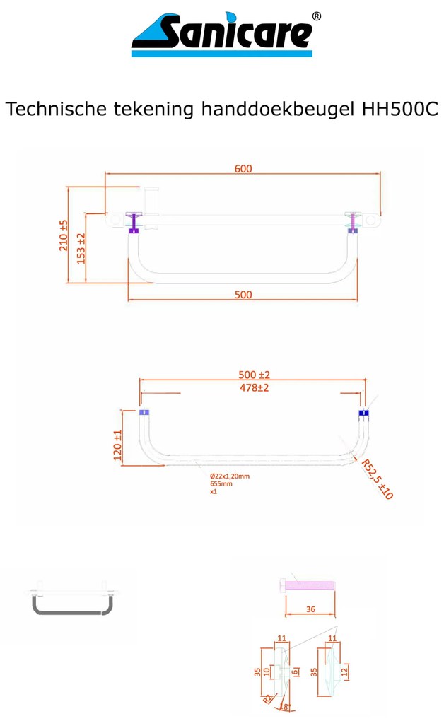 Sanicare handdoekbeugel voor design radiatoren 50cm chroom